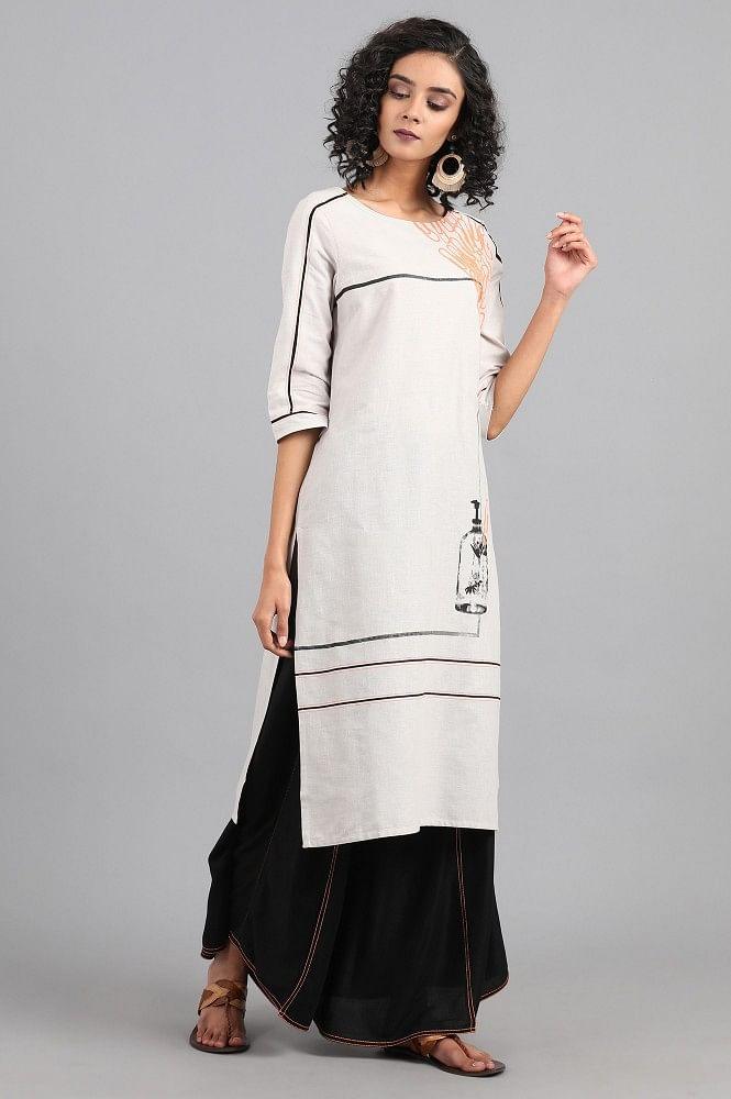 Light Grey Round Neck Printed kurta - wforwoman