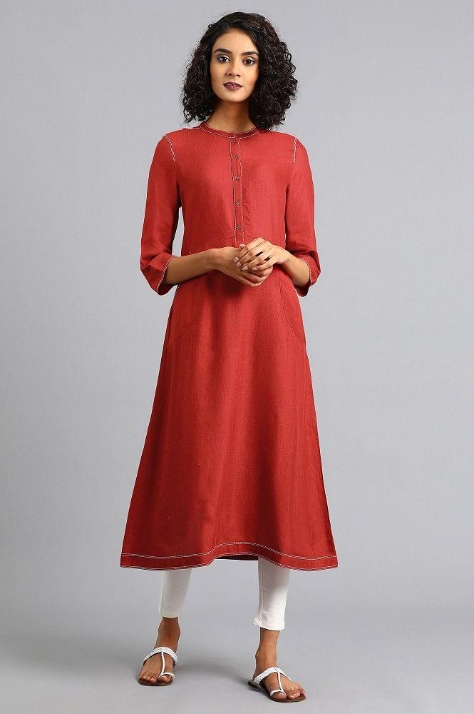 Red Mandarin Neck Solid kurta - wforwoman