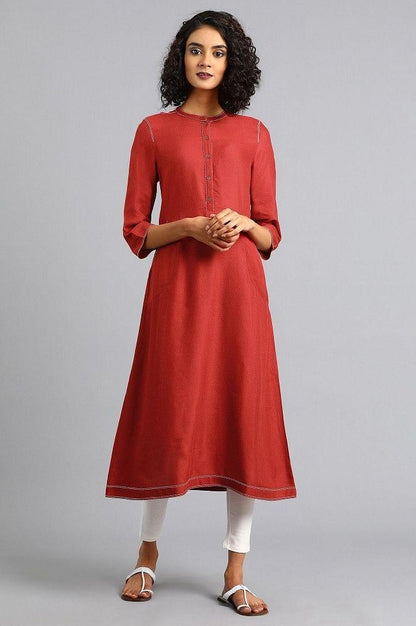 Red Mandarin Neck Solid kurta - wforwoman