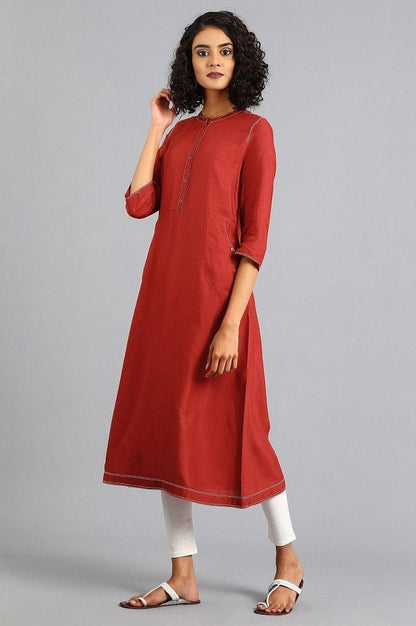 Red Mandarin Neck Solid kurta - wforwoman