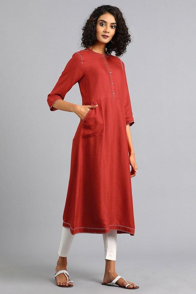 Red Mandarin Neck Solid kurta - wforwoman