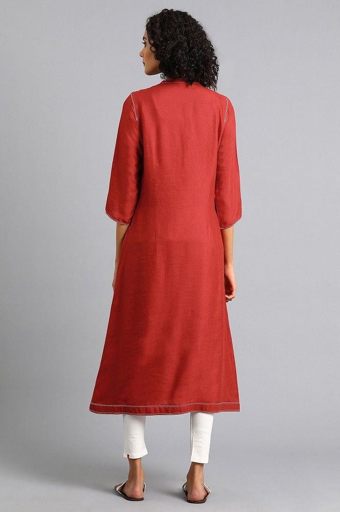 Red Mandarin Neck Solid kurta - wforwoman