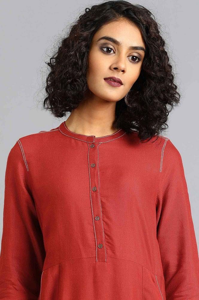 Red Mandarin Neck Solid kurta - wforwoman