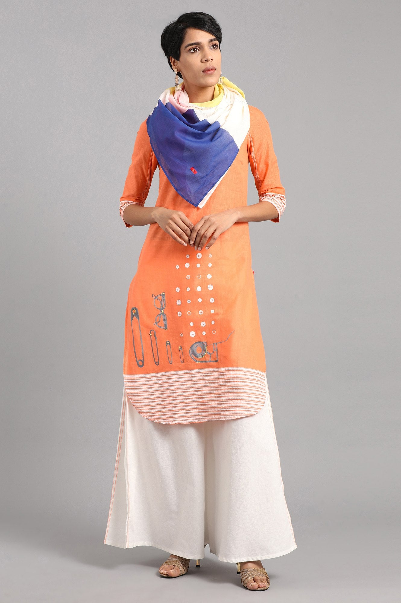 Orange Round Neck Printed kurta