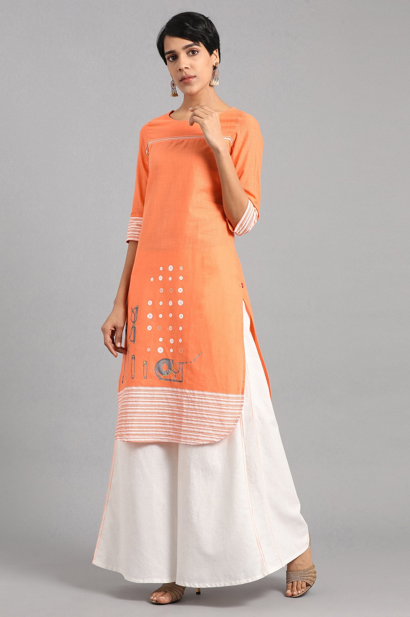 Orange Round Neck Printed kurta