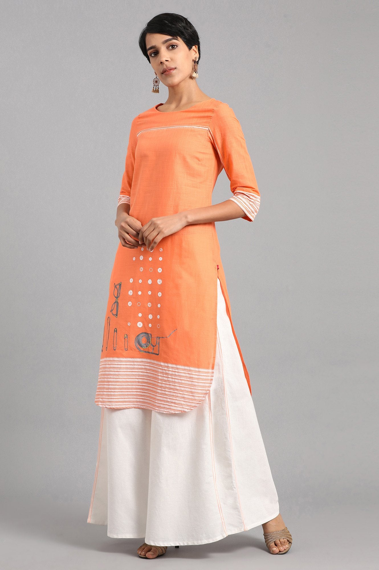 Orange Round Neck Printed kurta