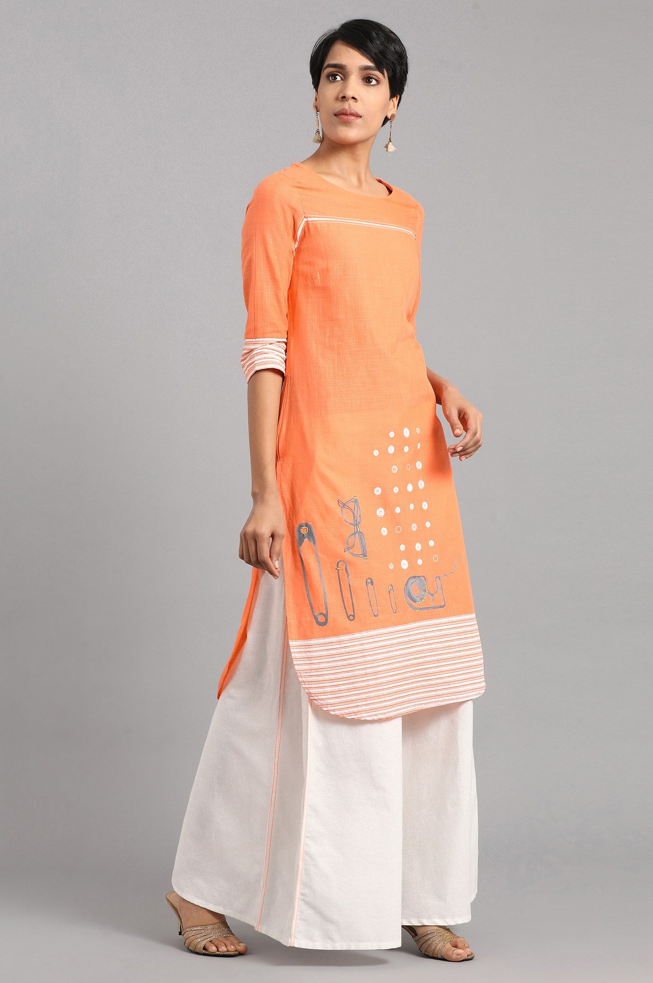Orange Round Neck Printed kurta