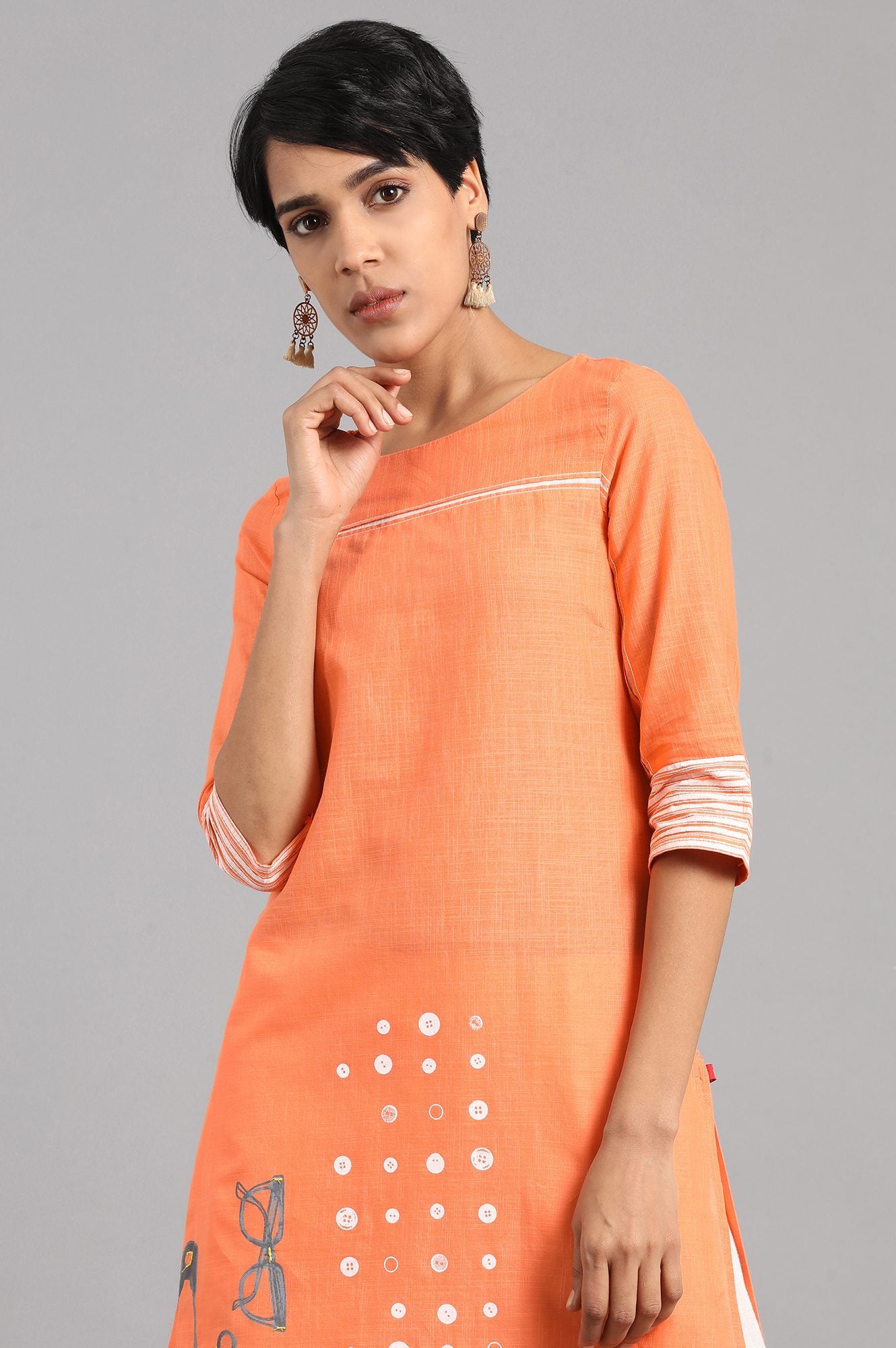 Orange Round Neck Printed kurta