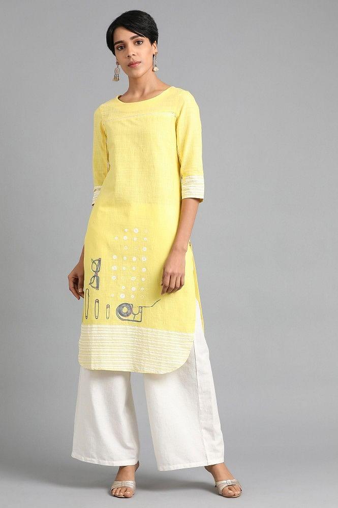 Lemon Green Round Neck Printed kurta - wforwoman