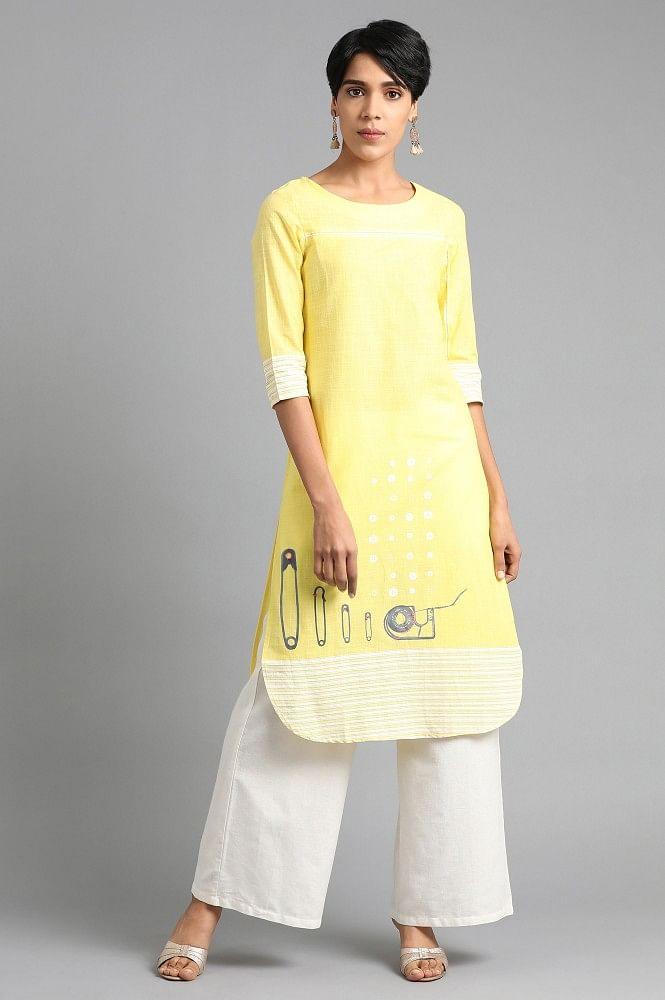 Lemon Green Round Neck Printed kurta - wforwoman