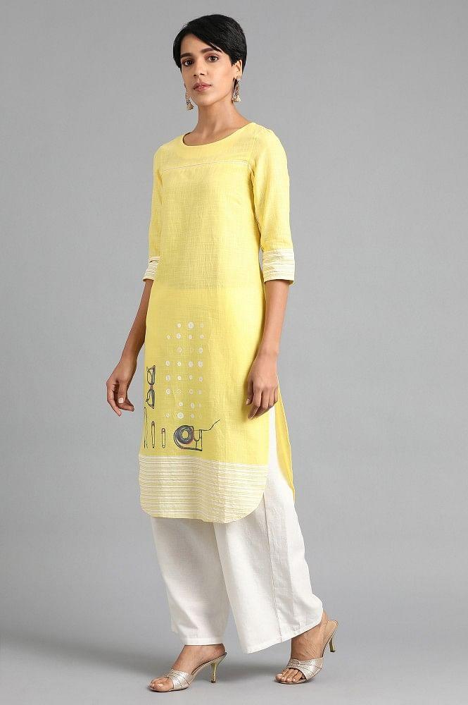Lemon Green Round Neck Printed kurta - wforwoman