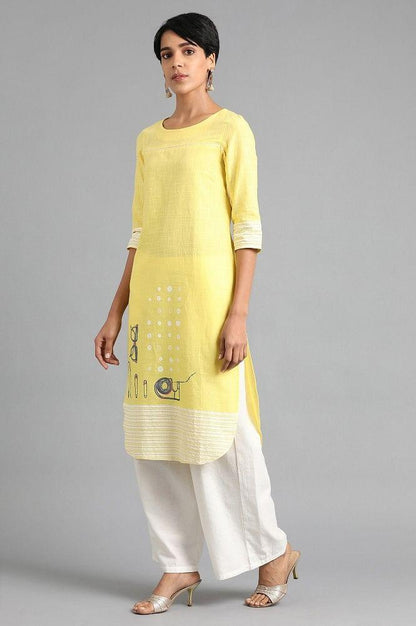 Lemon Green Round Neck Printed kurta - wforwoman