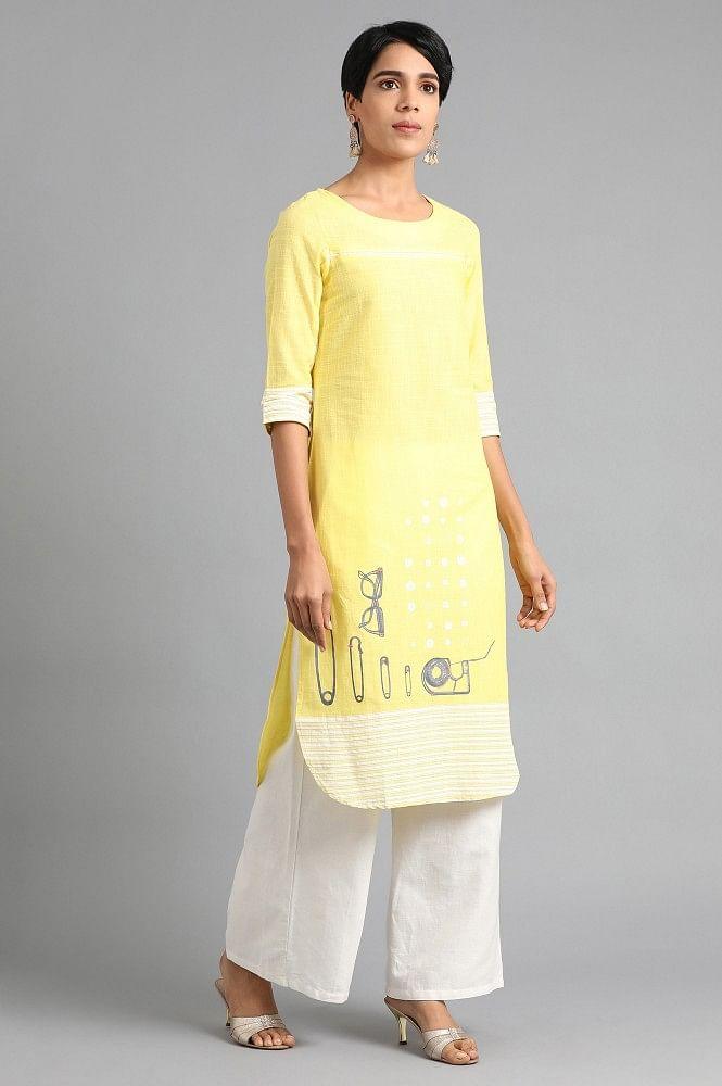 Lemon Green Round Neck Printed kurta - wforwoman