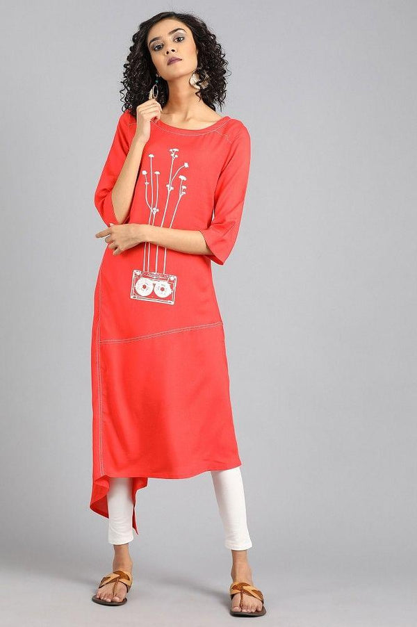 Red Round Neck Printed kurta