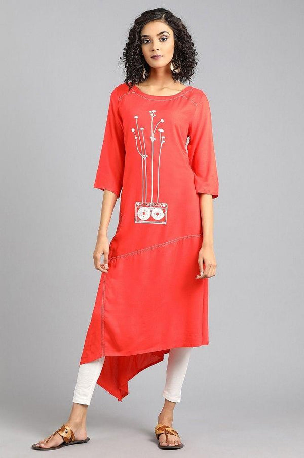 Red Round Neck Printed kurta