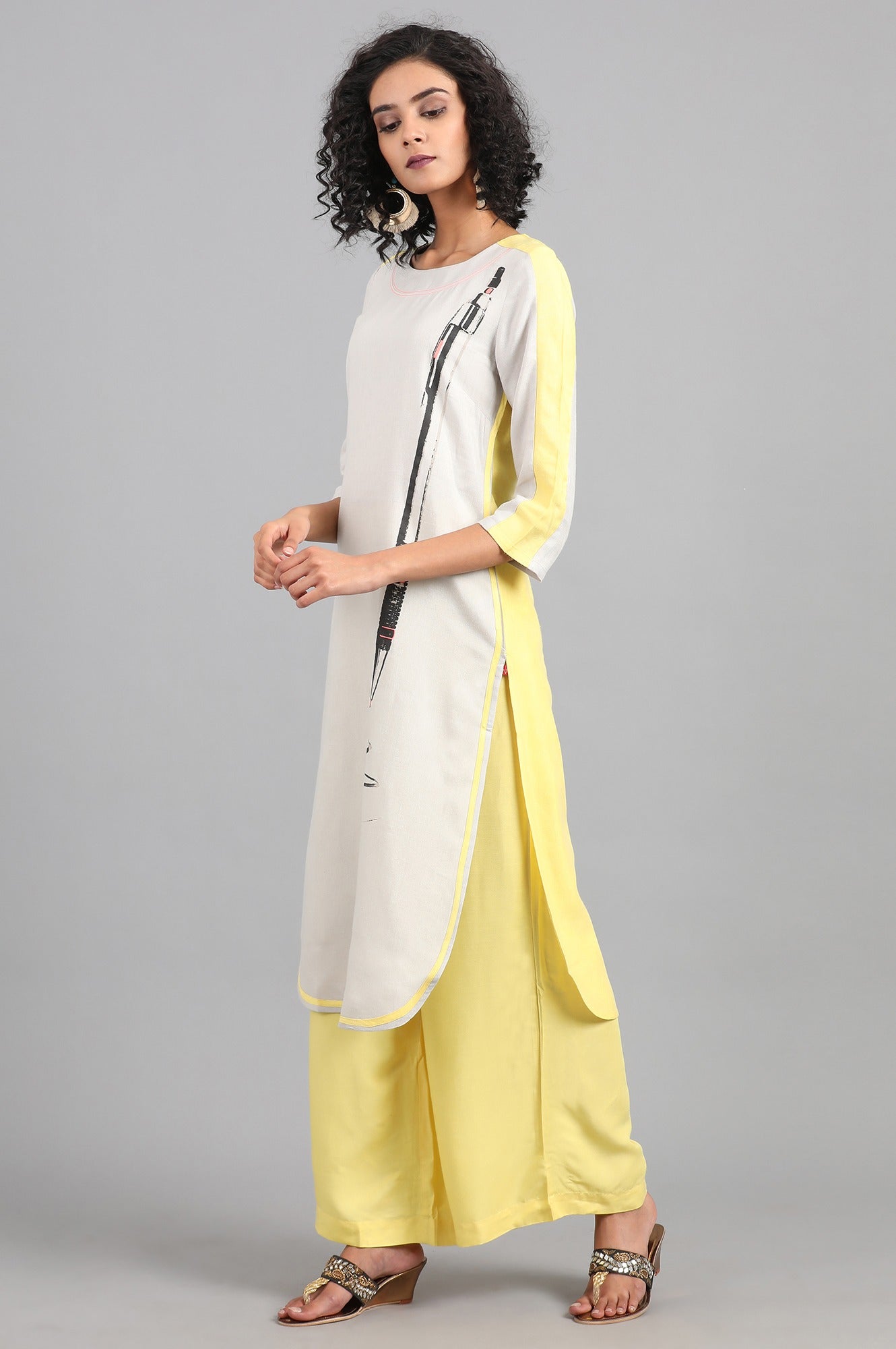 Light Grey Round Neck Printed kurta