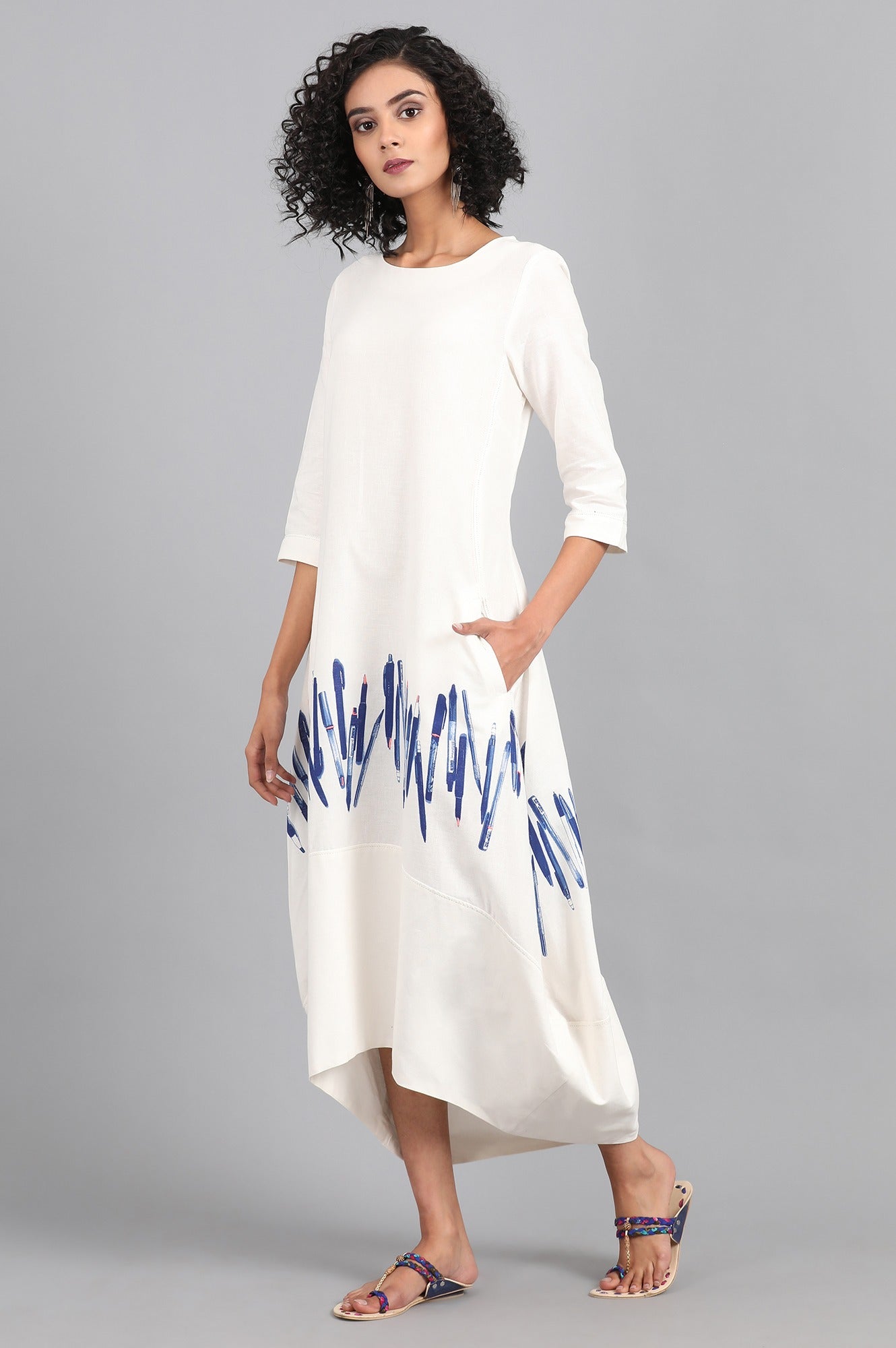 Ecru Scoop Neck Printed kurta