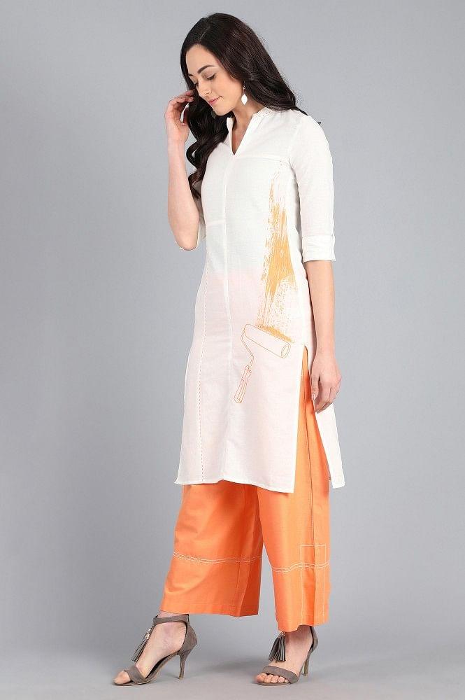 White Mandarin Neck Printed kurta - wforwoman
