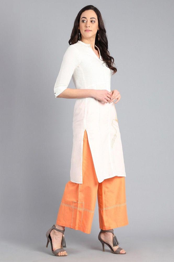 White Mandarin Neck Printed kurta - wforwoman