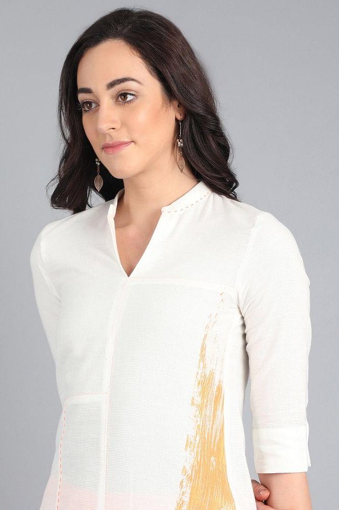 White Mandarin Neck Printed kurta - wforwoman
