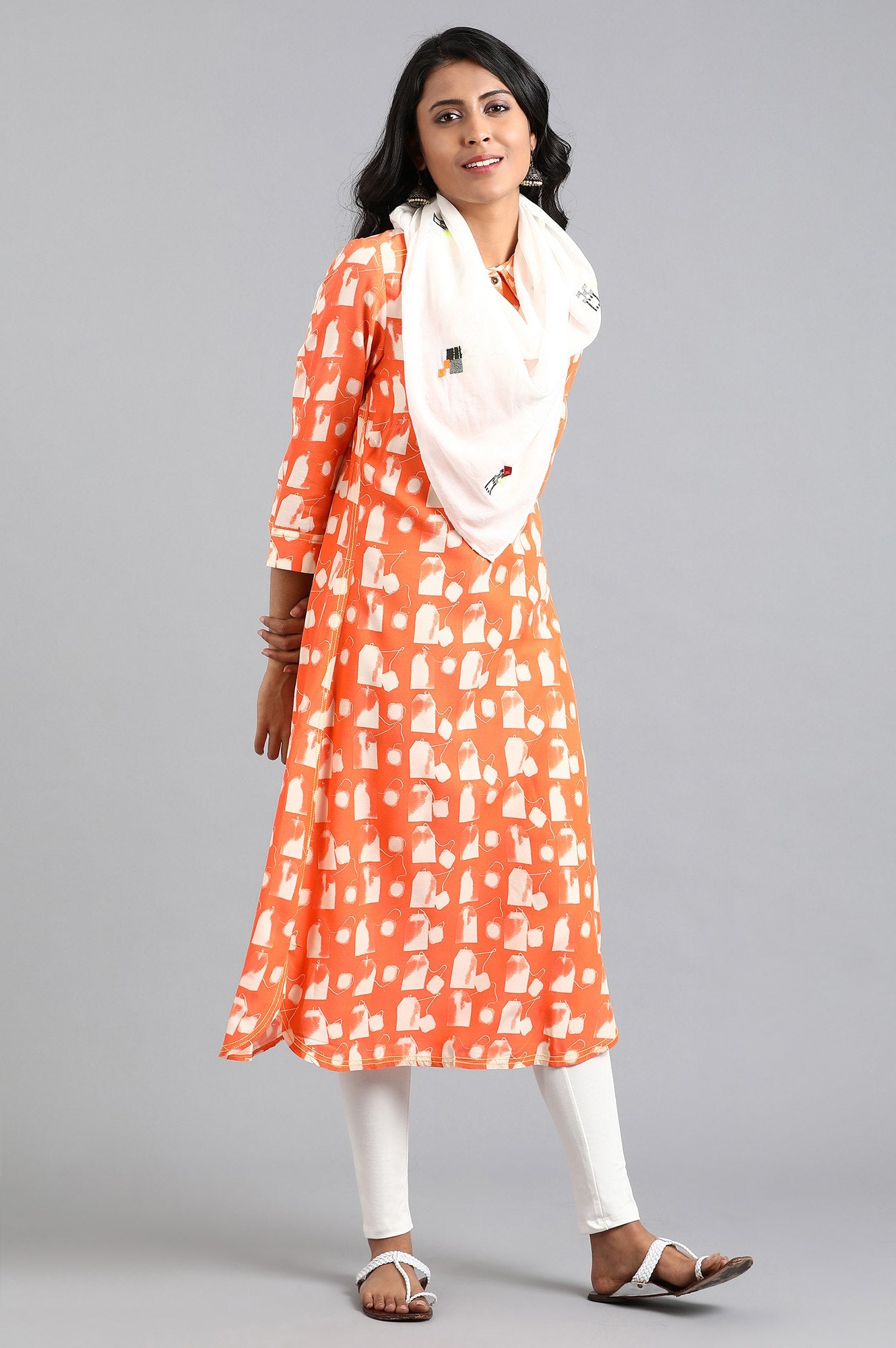 Orange Shirt Collar Printed kurta