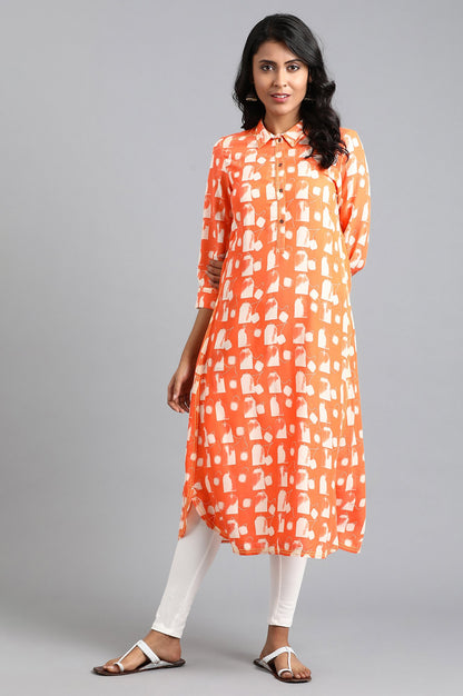 Orange Shirt Collar Printed kurta