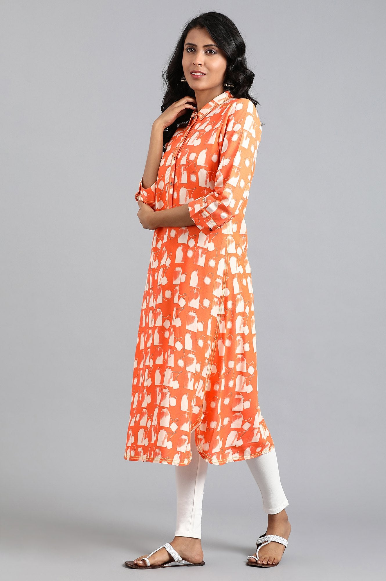 Orange Shirt Collar Printed kurta