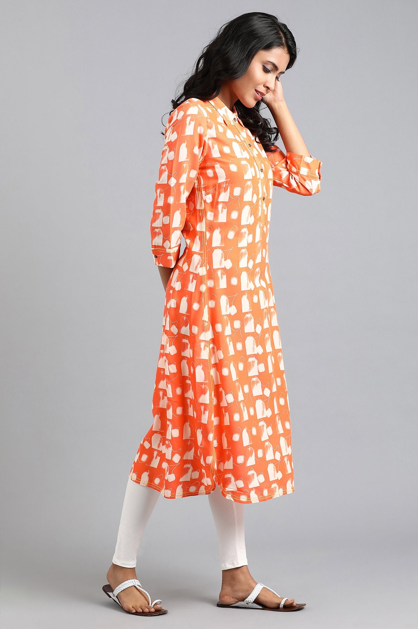 Orange Shirt Collar Printed kurta