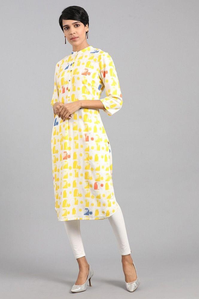 Yellow Mandarin Neck Printed kurta - wforwoman