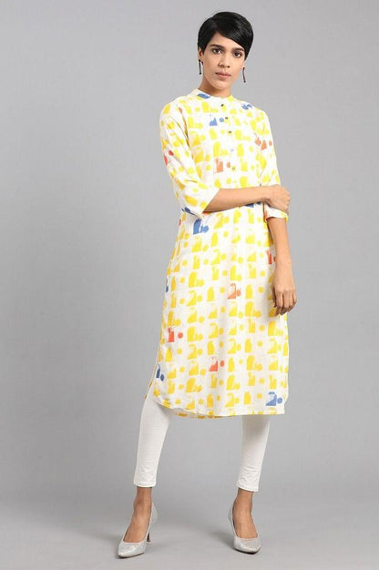 Yellow Mandarin Neck Printed kurta - wforwoman