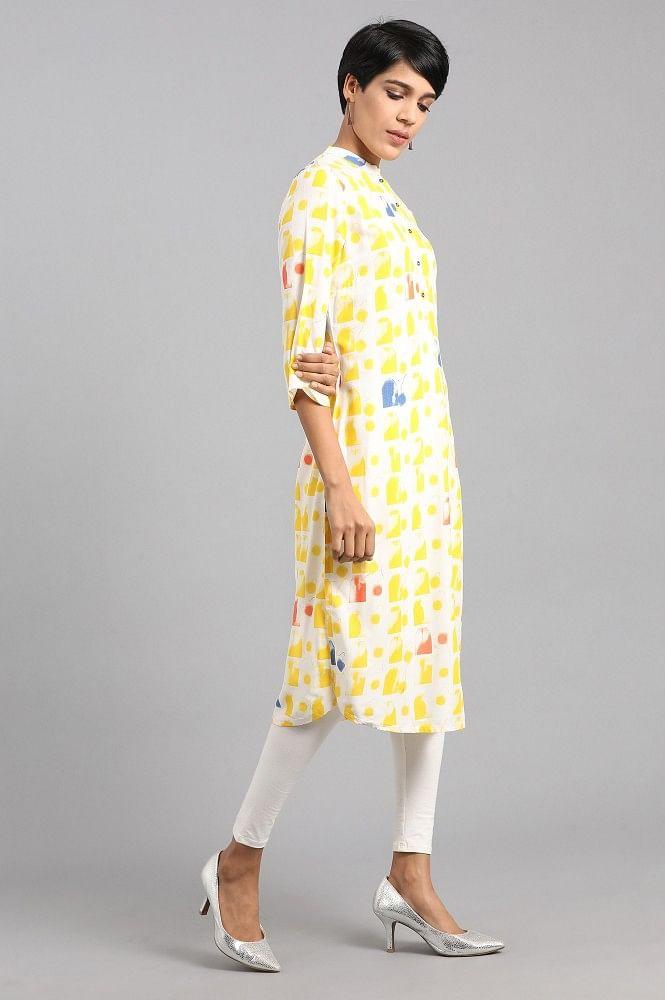 Yellow Mandarin Neck Printed kurta - wforwoman