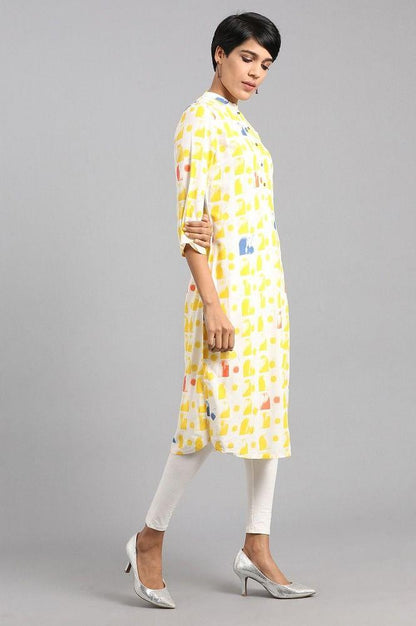 Yellow Mandarin Neck Printed kurta - wforwoman