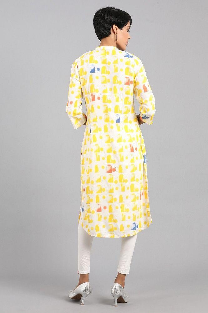 Yellow Mandarin Neck Printed kurta - wforwoman