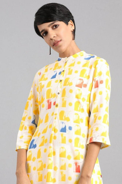 Yellow Mandarin Neck Printed kurta - wforwoman