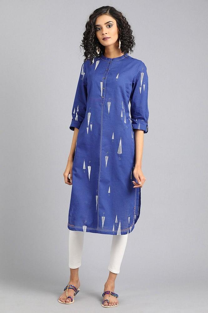 Blue Mandarin Neck Printed kurta - wforwoman