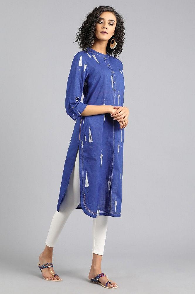 Blue Mandarin Neck Printed kurta - wforwoman