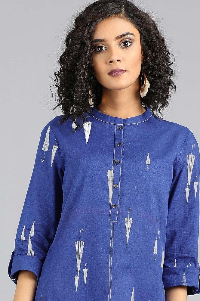 Blue Mandarin Neck Printed kurta - wforwoman