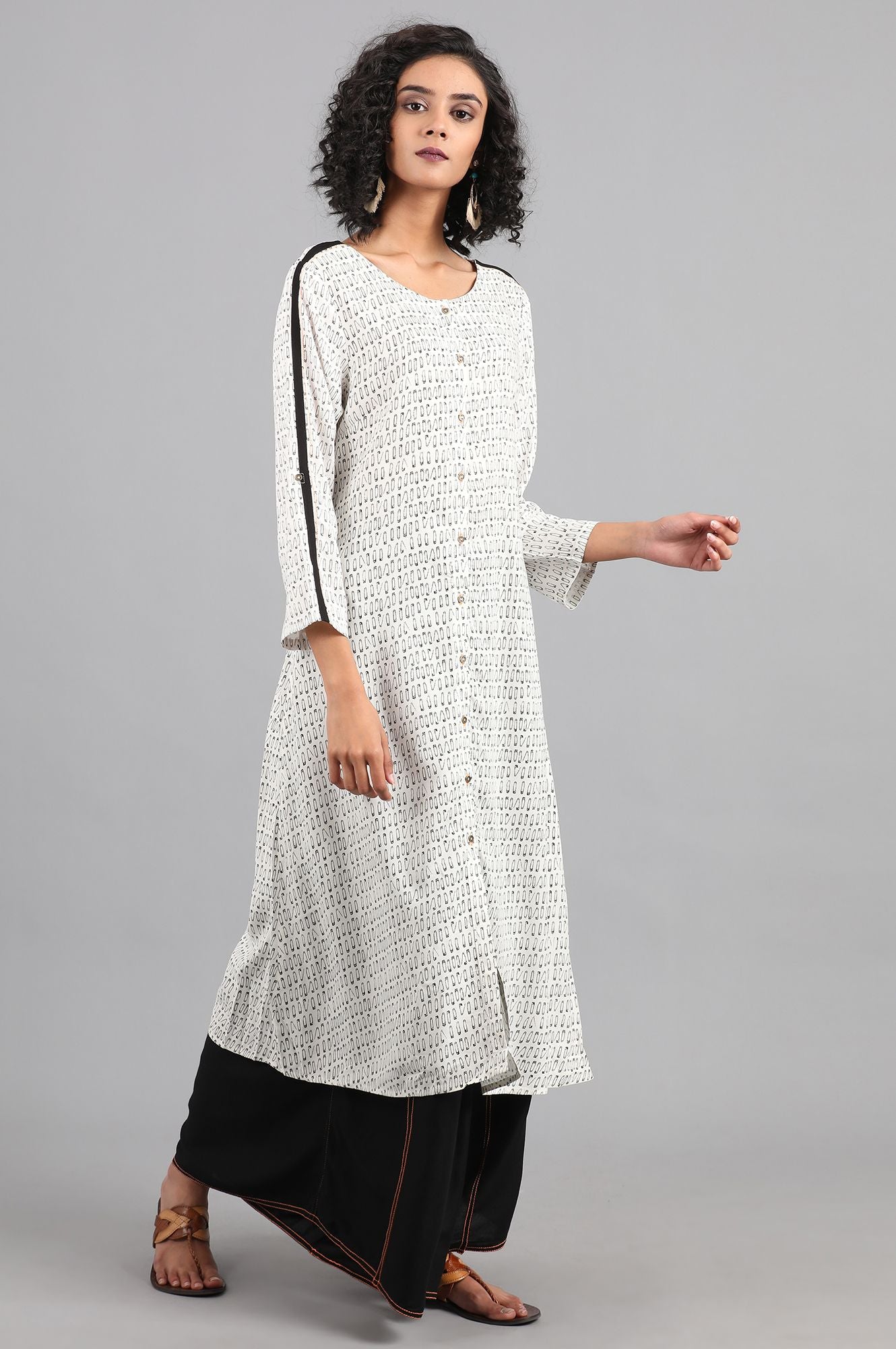 Ecru Round Neck Printed kurta