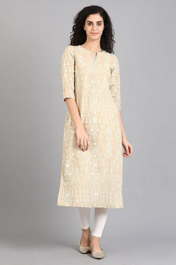 Beige Round Neck Printed kurta