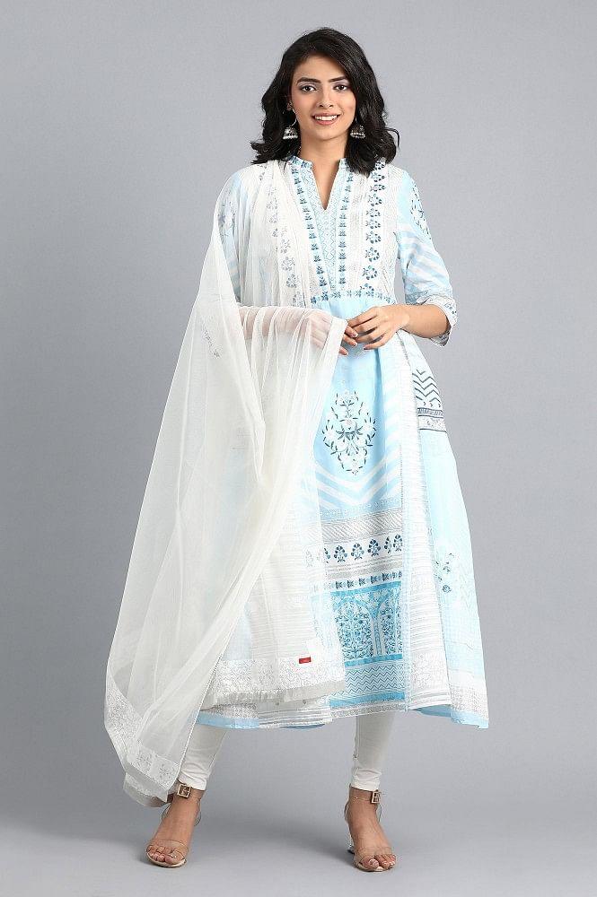 Blue Mandarin Neck Printed kurta - wforwoman