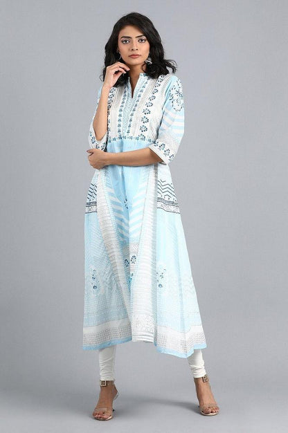 Blue Mandarin Neck Printed kurta - wforwoman