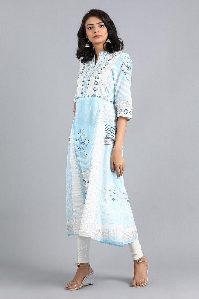 Blue Mandarin Neck Printed kurta - wforwoman