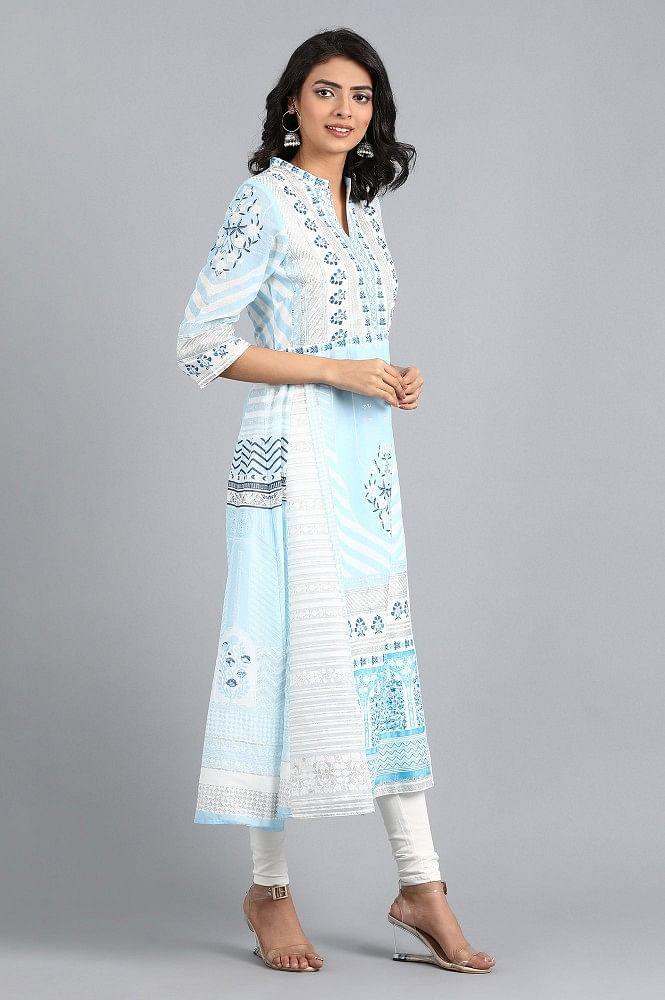 Blue Mandarin Neck Printed kurta - wforwoman