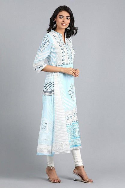 Blue Mandarin Neck Printed kurta - wforwoman