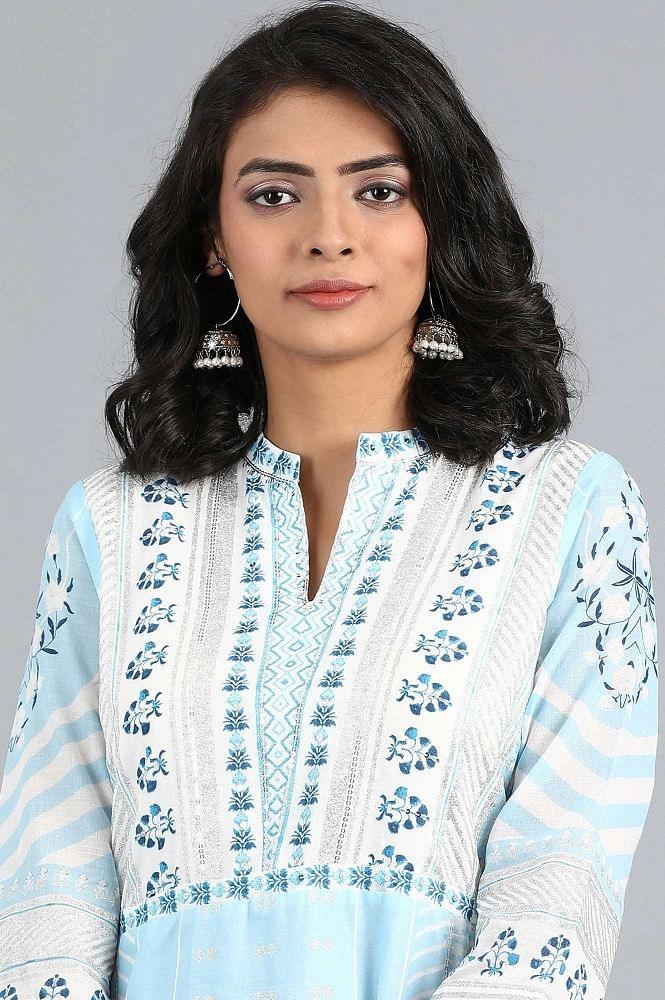 Blue Mandarin Neck Printed kurta - wforwoman