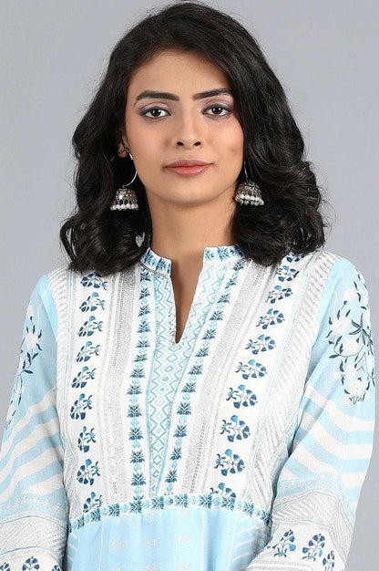 Blue Mandarin Neck Printed kurta - wforwoman