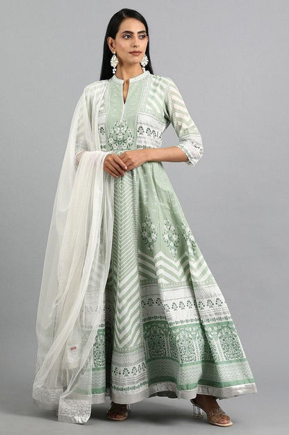 Green Mandarin Neck Printed kurta - wforwoman