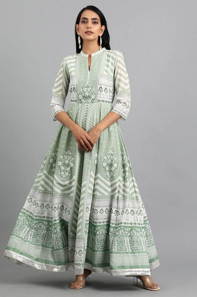 Green Mandarin Neck Printed kurta - wforwoman