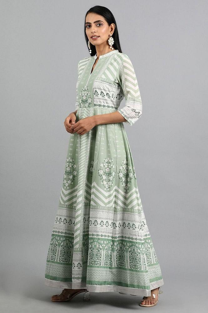 Green Mandarin Neck Printed kurta - wforwoman