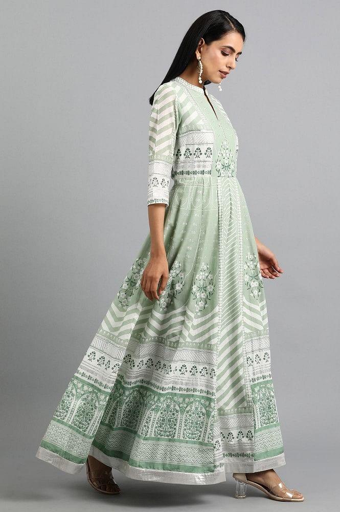 Green Mandarin Neck Printed kurta - wforwoman